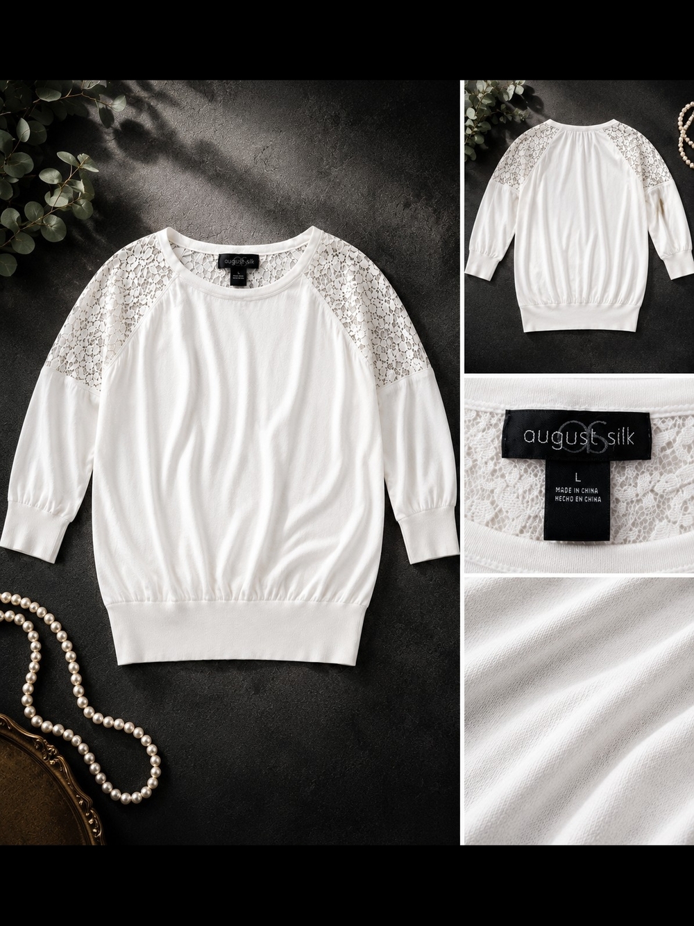 August Silk Lace Inset 3/4 Sleeve Blouse White Women's Large